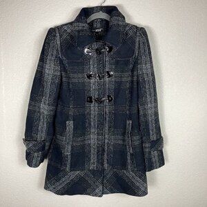 Black Rivet Wool Plaid Toggle Winter Coat in Black White Full Zip Sz M